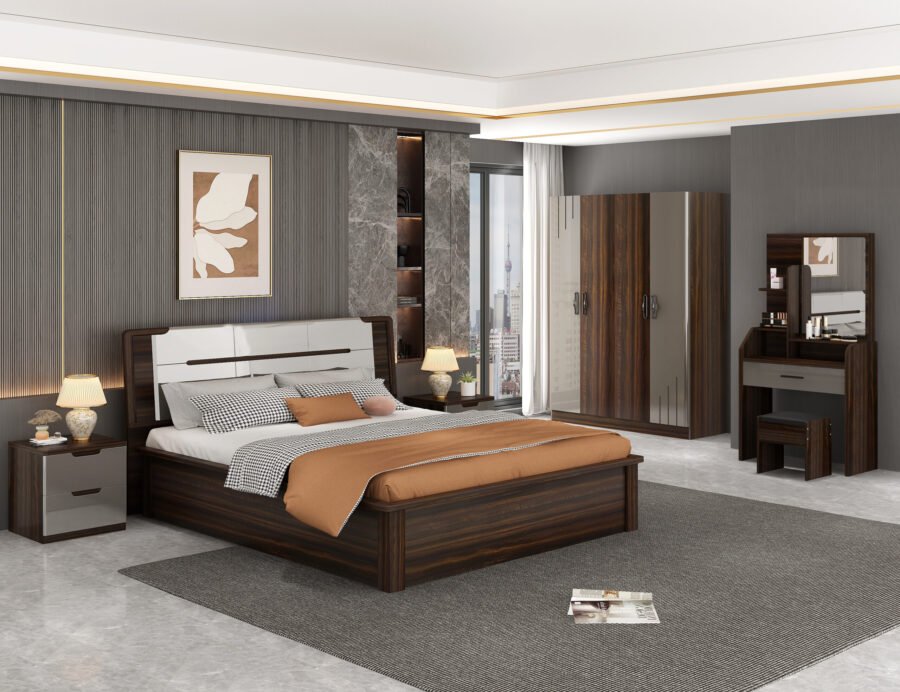 BS-6603B Bed with Storage Matt Brown + Khaki High Gloss (8S+9L)